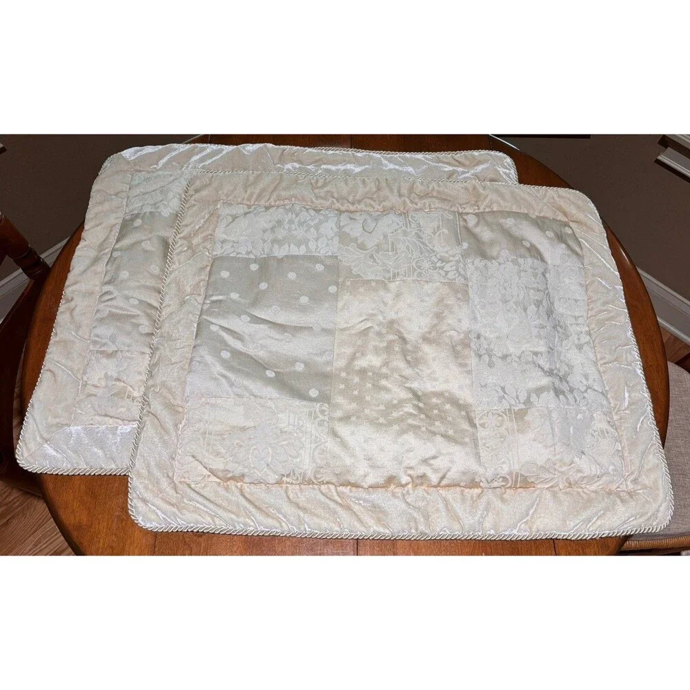 2 Croscill King Shams Cream Renaissance Velvet Brocade Patchwork 32X26”